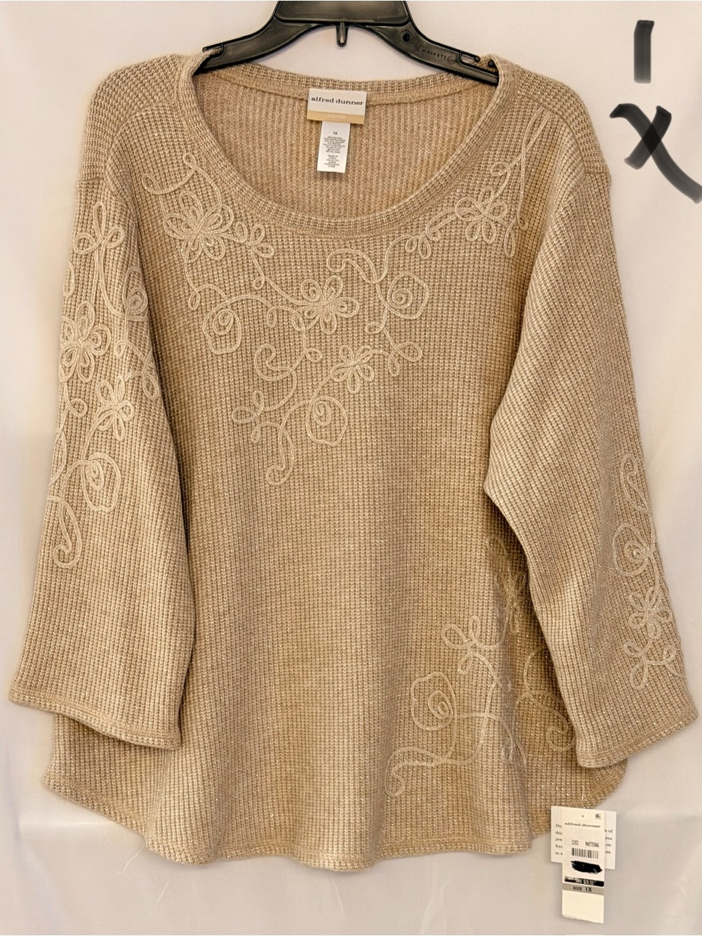 Alfred Dunner Tan Scoop Neck Embroidered Knit Sweater